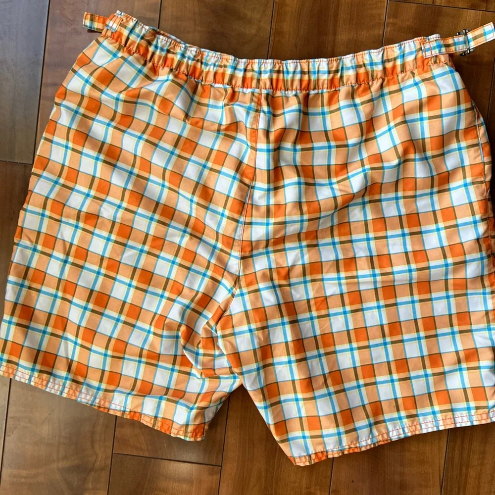 Men’s Orange Plaid Preppy Bold Summer Swim Trunks Board Shorts Size M Lined
